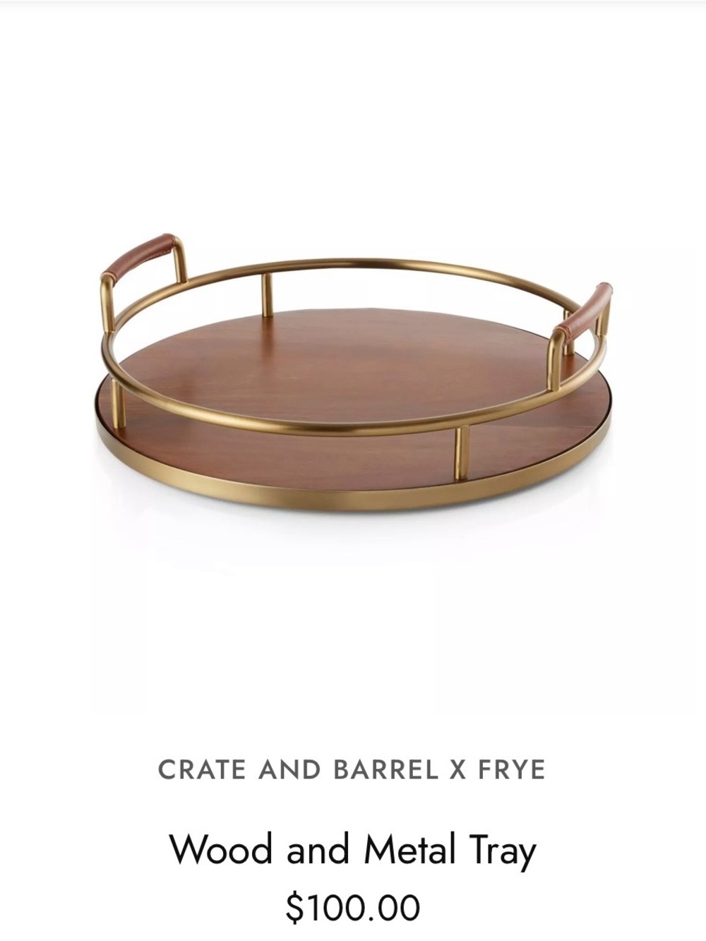 Crate and Barrel X Fryed Brown Wood and Gold Metal Serving Tray EUC